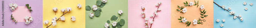 Collage of soft cotton flowers on color background Collage of soft cotton flowers on color background
