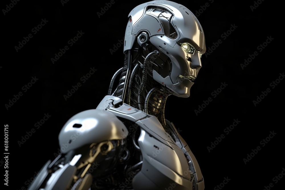 Naklejka premium Android AI robot on dark background. Generated AI tools.