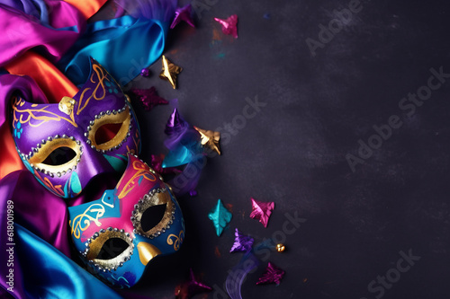 A group of venetian, mardi gras mask or disguise on a dark background. Purim celebration concept (jewish carnival holiday). Generated AI tools.