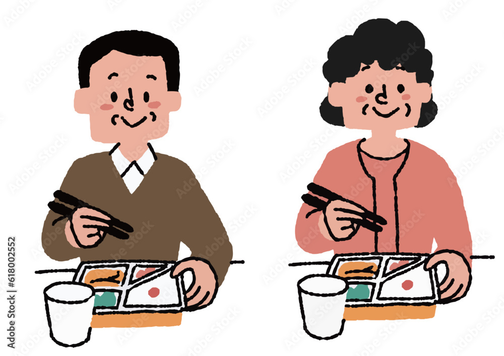 お弁当を食べている高齢者のセット　調理キット配送サービス、お弁当宅配サービスに関するイラスト