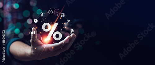 interest rates and dividends, investment returns, income, retirement Compensation fund, investment, dividend tax, upward direction percentage symbol. saving money for investment, long term investment