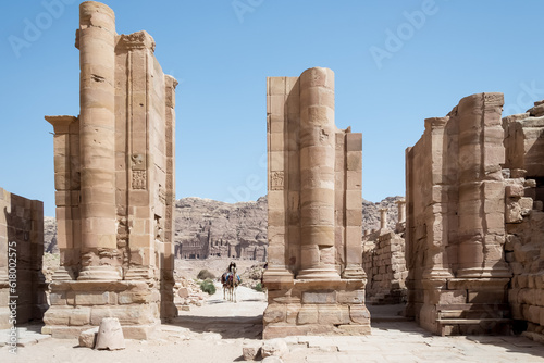View of the Hadrian Gate also known as the Temenos Gate amidst the magnificent ruins of ancient Petra located in Wadi Mousa, the Valley of Moses,  southwestern Jordan. photo