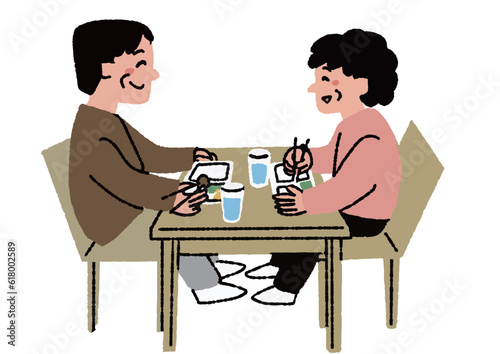 仲良くお弁当を食べる高齢者夫婦　調理キット配送サービス、お弁当宅配サービスに関するイラスト