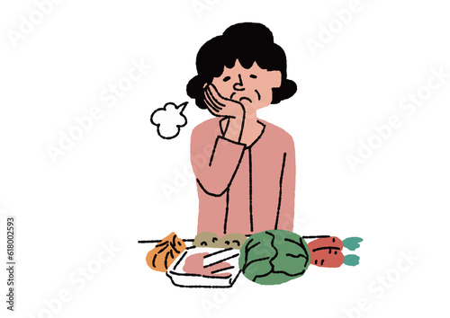 食事を作るのが億劫な高齢者女性　調理キット配送サービス、お弁当宅配サービスに関するイラスト