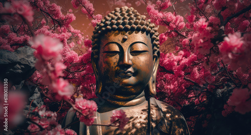  buddha through blossomed flowers, generative AI © Kien