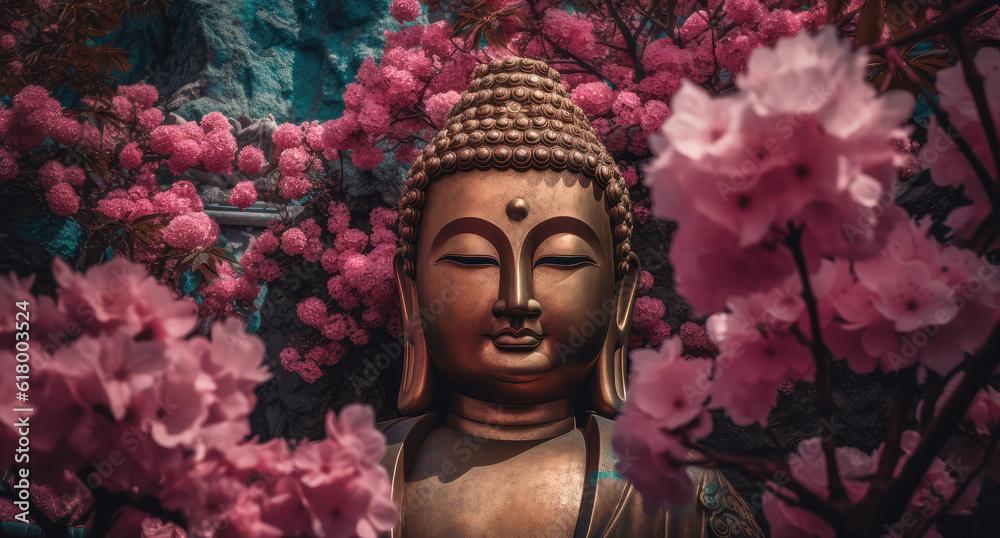  buddha through blossomed flowers, generative AI