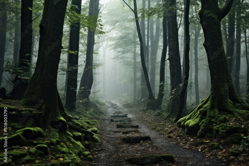 Obraz premium A Misty Forest Pathway: An ethereal forest covered in mist, with a narrow pathway leading into the unknown. Generative AI