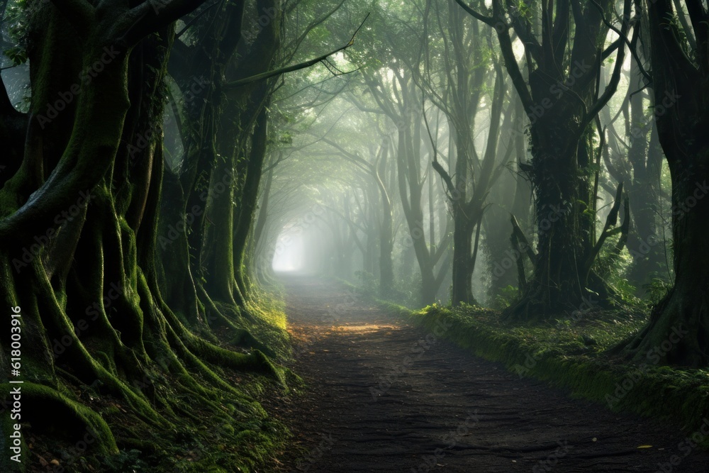 A Misty Forest Pathway: An ethereal forest covered in mist, with a narrow pathway leading into the unknown. Generative AI