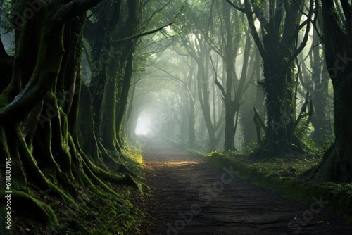 A Misty Forest Pathway: An ethereal forest covered in mist, with a narrow pathway leading into the unknown. Generative AI © Kishore Newton