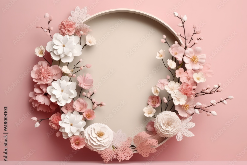 Blank round frame with beautiful flowers on pink background. Blank round frame with beautiful flowers on pink background.