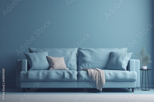 Modern interior with blue wall and sofa, 3D render illustration 