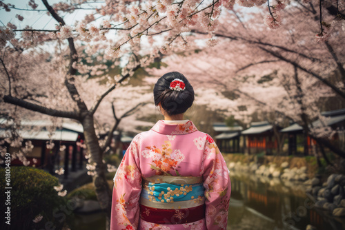 Asian woman in kimono in scenic cherry blossom garden, sakura in Japan, generative AI