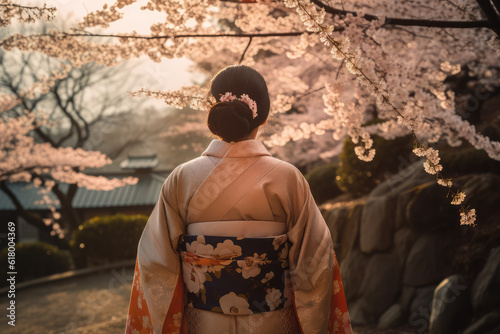 Asian woman in kimono in scenic cherry blossom garden, sakura in Japan, generative AI