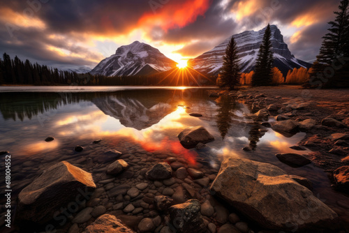 The sun setting over mountains at a lake in kananaskis photo