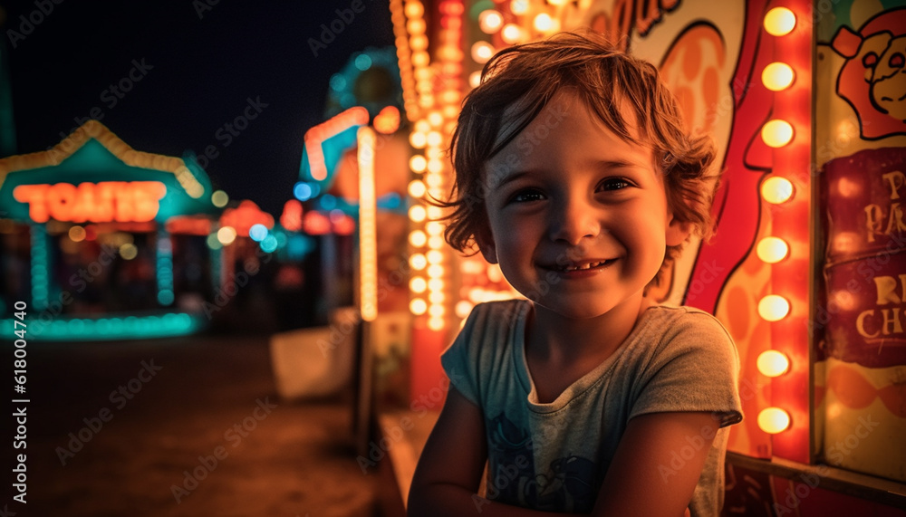 Cute Caucasian child smiling, playing with Christmas lights at night generated by AI Cute Caucasian child smiling, playing with Christmas lights at night generated by AI