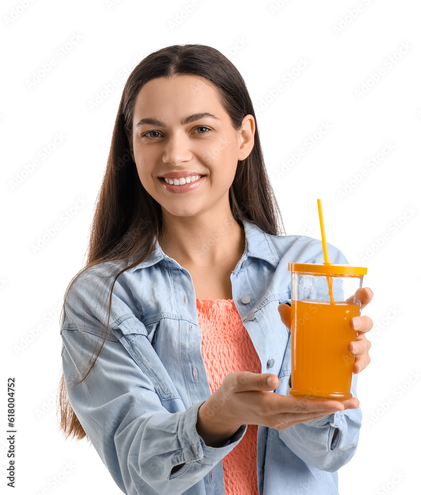 Young woman with glass of vegetable juice on white background Young woman with glass of vegetable juice on white background