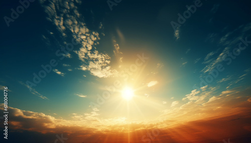 Vibrant sunset sky illuminates tranquil nature landscape in golden light generated by AI