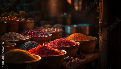Fototapeta Naklejka Na Ścianę i Meble -  Multi colored spice store selling organic, healthy food variation indoors generated by AI