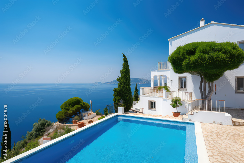 Traditional mediterranean white house with pool on hill with stunning sea view. Summer vacation background, generative AI