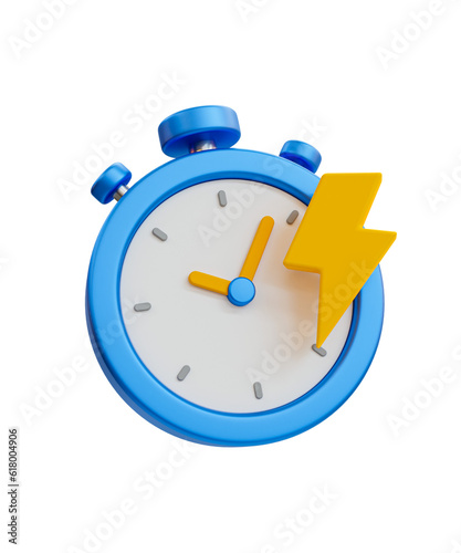 3d minimal quick time concept. urgent work. fast service. stopwatch with thunder icon. 3d illustration.