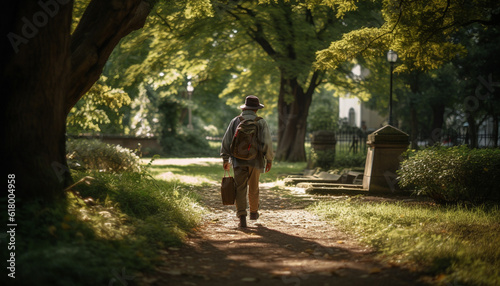 One man walking on footpath through forest with backpack generated by AI