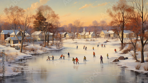 Ice skaters on a winter pond