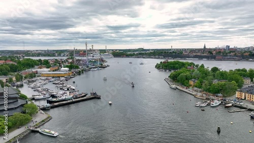 Beautiful waterways in Stockholm Sweden - Aerial  facing south east towards Grona Lund in Djurgarden island and Danviken photo