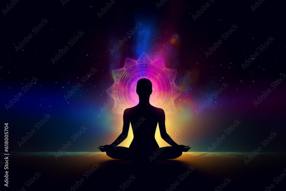 Silhouette of woman meditating in lotus position on abstract background