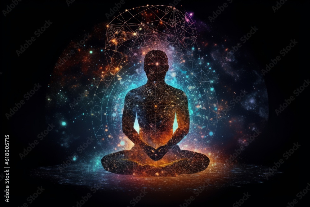 Man meditating in lotus position against colorful background with glowing lines