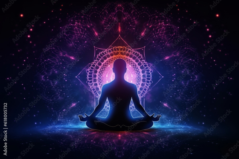 Man meditating in lotus position on abstract glowing background. Digital illustration Man meditating in lotus position on abstract glowing background. Digital illustration