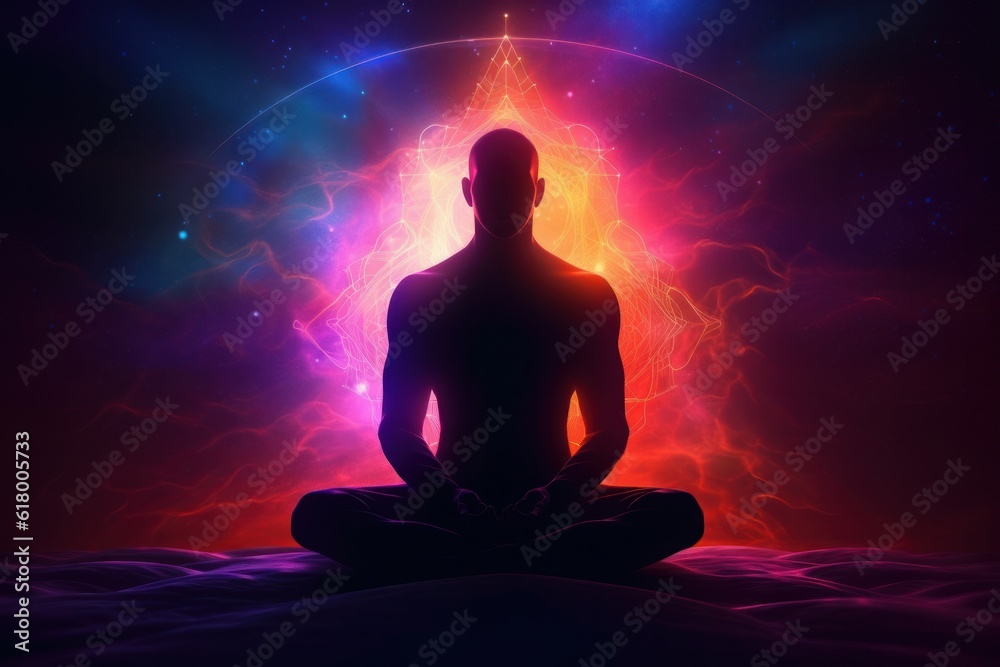 Man meditating in lotus position in front of glowing energy background