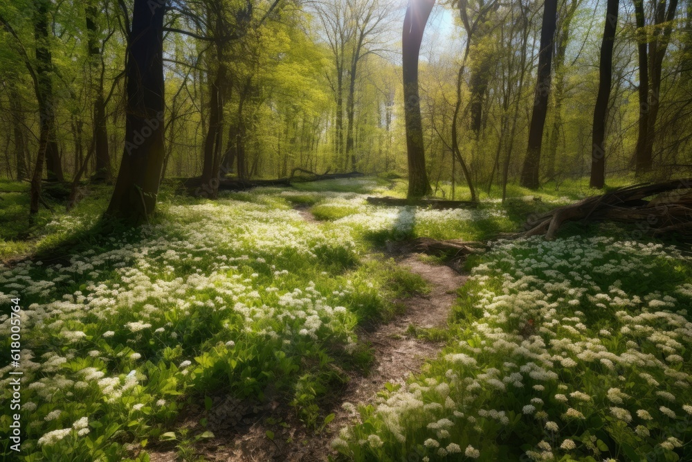 Fototapeta premium Spring forest with blooming wildflowers. Nature background