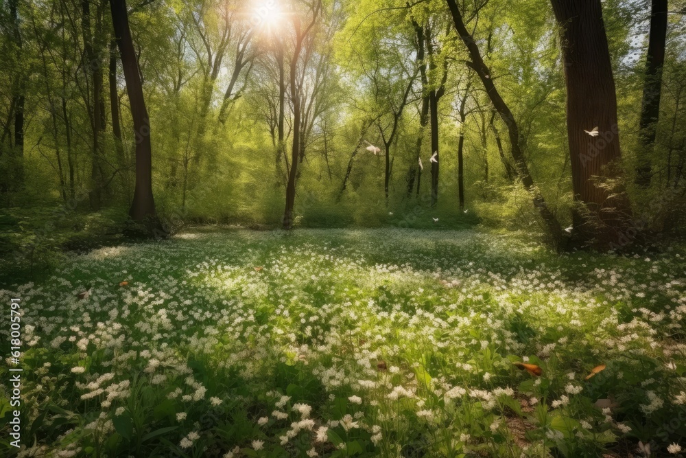 Spring forest with blooming wildflowers. Nature background