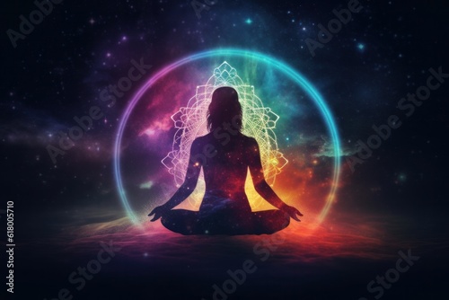 Young woman meditating in lotus position in front of glowing circle
