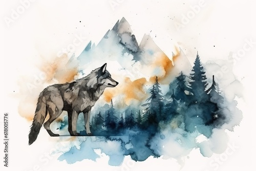 Watercolor illustration of a wolf in the mountains. Hand drawn watercolor illustrationa