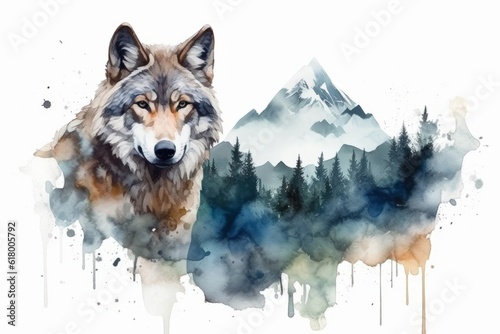 Watercolor portrait of a wolf in the mountains on a white background