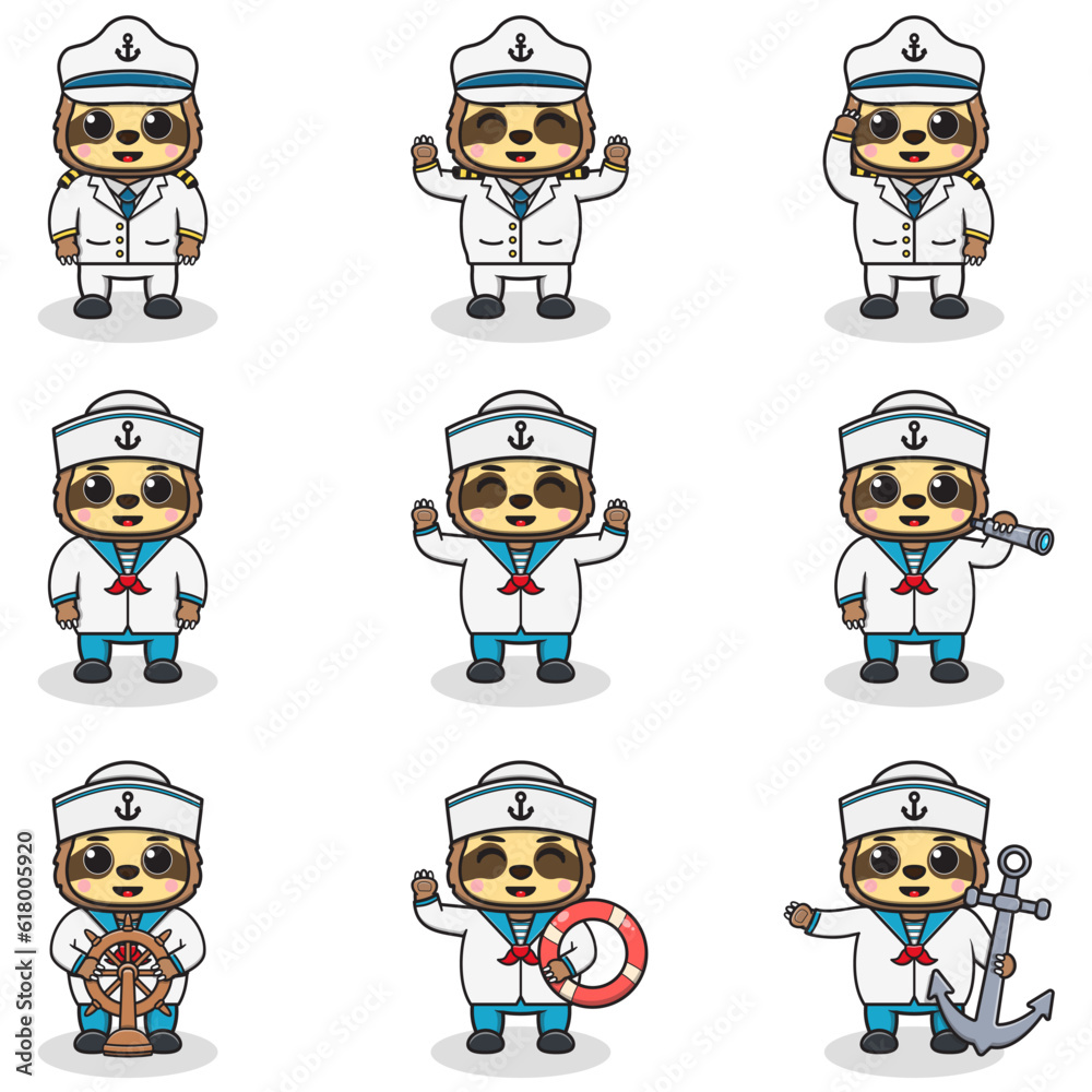 Funny Sloth sailors set. Cute Sloth characters in captain cap cartoon vector illustration.