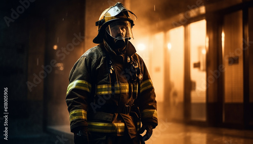 One man, a firefighter, in protective workwear, standing outdoors at night, fighting flames generated by AI