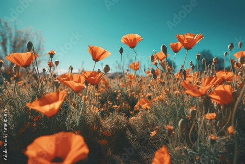 Field of poppies at sunset. Filtered image processed vintage effect.