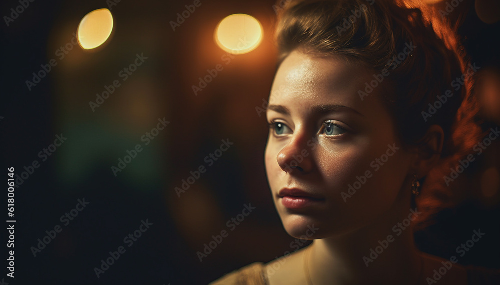 Young adult woman with brown hair looking at camera indoors generated by AI Young adult woman with brown hair looking at camera indoors generated by AI