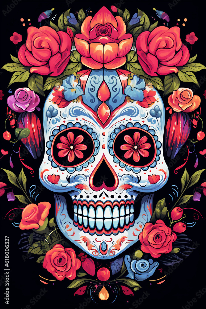 La Catrina dia de muertos Skull. Bemalter Schädel in bunt mit Blumen. Tag der Toten in Mexico. Hochkant. Hochformat. Generative Ai.