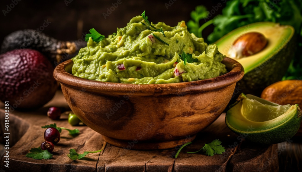 Fresh guacamole dip with organic vegetables and spicy jalapeno pepper generated by AI Fresh guacamole dip with organic vegetables and spicy jalapeno pepper generated by AI