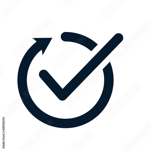 Circle arrow, checkmark. Vector linear icon isolated on white background.
