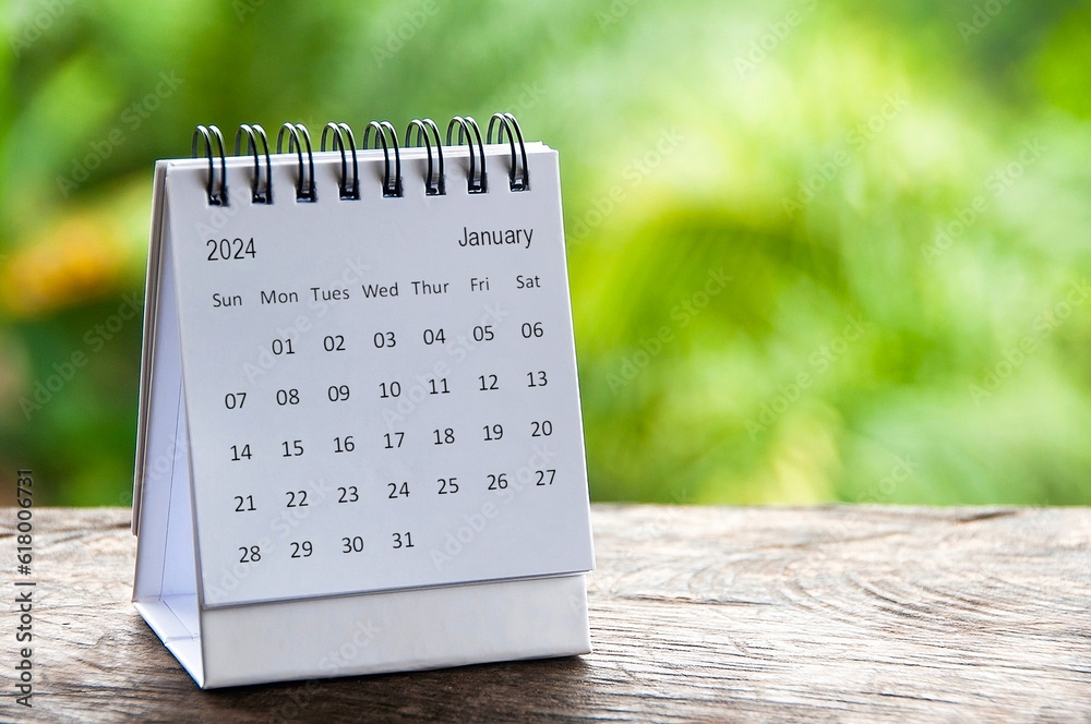 January 2024 table calendar with customizable space for text. Calendar  concept and copy space. Stock Photo