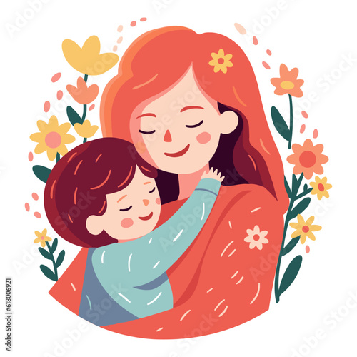 adult woman holding her baby son with love to illustrate mother's day or motherhood minimalist vector illustration
