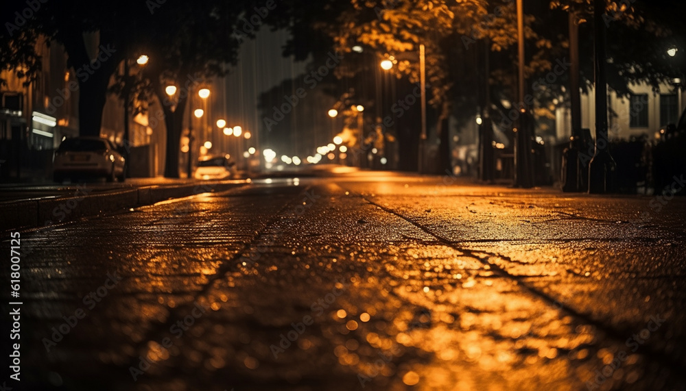 Glowing headlights illuminate modern city streets at dusk generated by AI