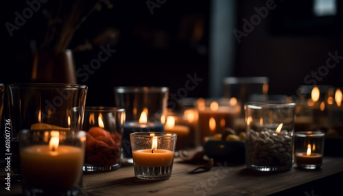 A glowing candle illuminates a tranquil scene of luxury and relaxation generated by AI