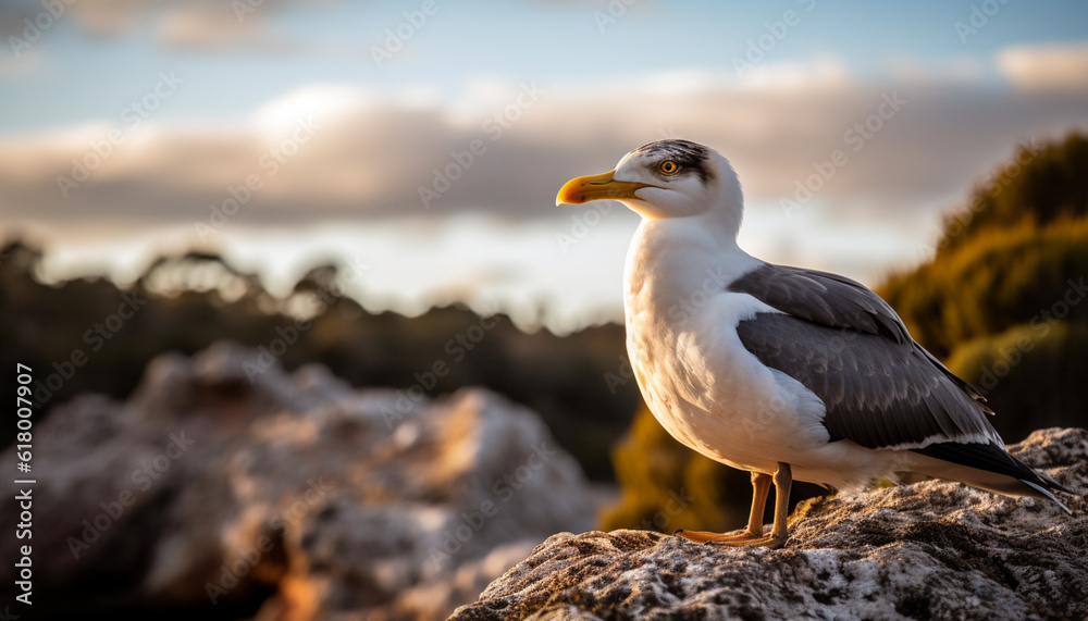 Naklejka premium Seagull perching on cliff, flying over blue water at sunset generated by AI