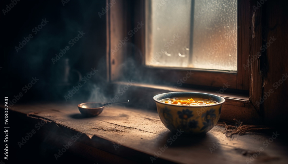 Rustic table with fresh meal, crockery, and hot drink steam generated by AI Rustic table with fresh meal, crockery, and hot drink steam generated by AI