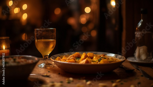 Gourmet meal on rustic table, wineglass and candle illuminate celebration generated by AI